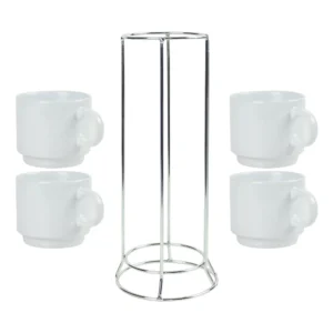 Ceramic Coffee Cups Set 4Pcs in Silver Metal Rack - Image 4