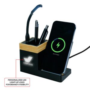 Bamboo Pen Holder with 15W Wireless Charger & LED Logo - Image 6