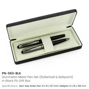 Black Metal Pen Set with Matte & Glossy Finish in PU Leather Box - Image 4
