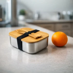 Stainless Steel Lunch Box with Bamboo Lid & Strap - Image 4